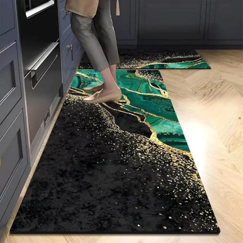 Image of SHREENIDHI Kitchen Floor Mat Set of 2 Rectangular Printed Mats for Sink Stove and Counter Area Placement with Kitchen Theme Geometric and Floral Design Options (Green Marble Mat 1)