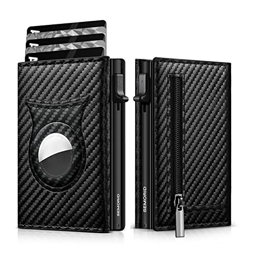 SEMORID Mens AirTag Wallet Card Holder | Leather Smart Wallet with AirTag Holder | Minimalist RFID Blocking Slim Wallet | Multifunctional with ID Window (Minimalist - Zipper, Carbon Black)