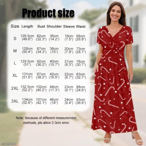 Image of Women's Fall Summer Short Sleeve Ankle Length V-Neck Party Dress with Pockets Size S-3XL