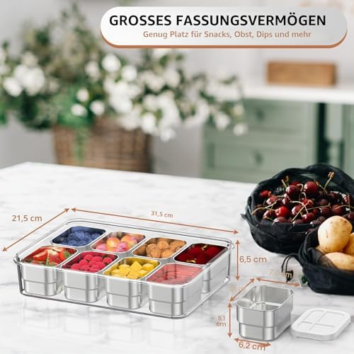 Snackle Box Behälter, Edelstahl-Lebensmittelbehälter mit 8 Fächern, Silikondeckel und Griff, durchsichtige, unterteilte Obst-, Nuss- und Gemüseschale für Küche, Picknick, Party