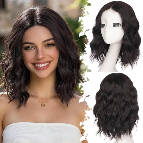 Image of Eawwii Wigs for Women Dark Chocolate Brown,Short Wavy Synthetic Lace Wig