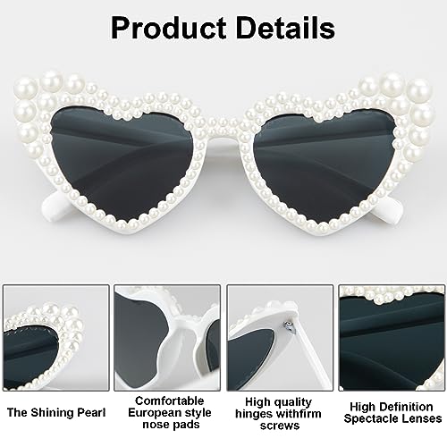 Tanganan Heart Sunglasses Love Heart Pearl Sunglasses for Women White Rhinestone Glasses Bachelorette Party Bride Sunglasses2