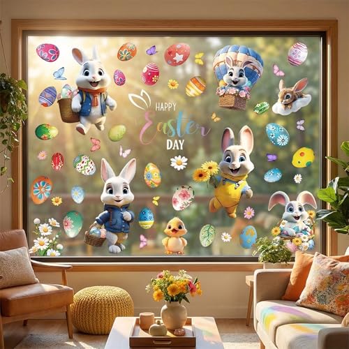 GZXUEHU Fensterbilder Ostern, 9 Blätter Fenstersticker Ostern Selbstklebend mit Eiern, Hasen Wiederverwendbar, Charmant und Amüsant (Cartoon)