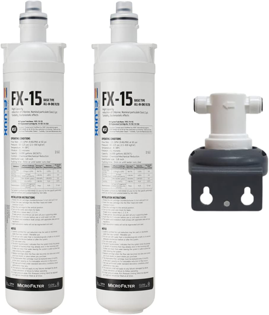 FLUUX FX-15 Under Sink Water Filter System, NSF/ANSI 42 & 53 Certified, Commercial Water Filter 16K Gallons 2PACK