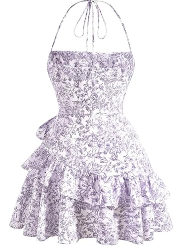 Image of Narecte Summer Dresses for Women,Tie Halter Mini Dress,Floral Print Short Dress,Ruffle Trim Casual Dresses