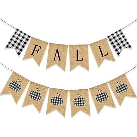 Pumpkin Fall Banner Buffalo Check Autumn Burlap Garland Black White Bunting Flag Thanksgiving Harvest Home Halloween Party Rustic Decoration Cover