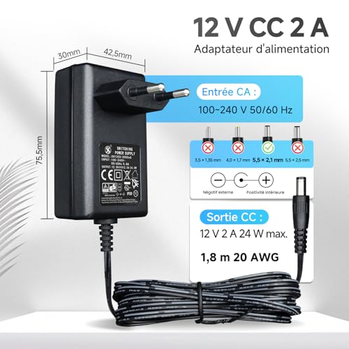 Adaptateur Secteur 12 V 2 A, AC vers DC 24 W 2000 mA 1500 mA 1000 mA 500 mA, câble d'alimentation 1,8 m 20 AWG avec connecteur cylindrique DC pour caméra de sécurité CCTV, routeur - Certifié CE – vue 2
