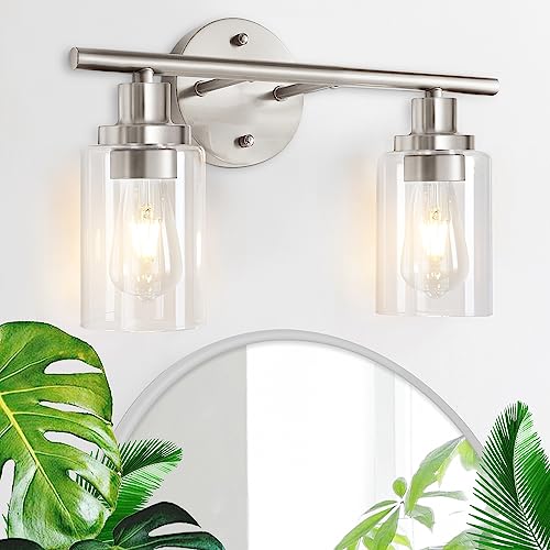 Apenath 2-Light Wall Sconce Light Fixtures, Brushed Nickel Finish Wall Light with Clear Glass Shade, Modern Vanity Lighting, Wall Lamp for Bathroom Mirror