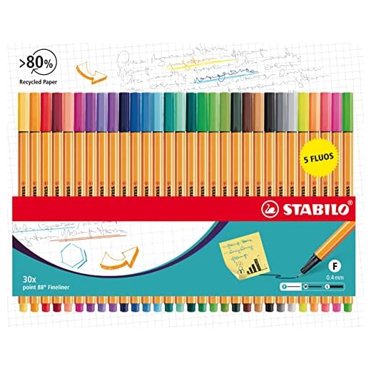 Rotulador punta fina STABILO point 88 - Estuche de cartón con 30 colores (incluye 5 colores neón)