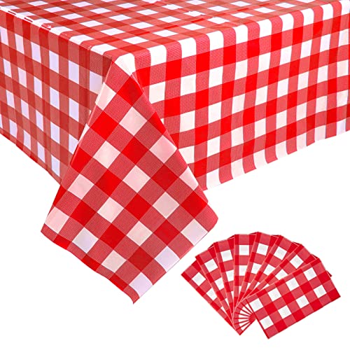 Image of Kesfey 8 Packs Red and White Checkered Tablecloths 54 x 108 Inches Disposable Rectangle Red Gingham Table Cloth Waterproof Plastic Picnic Party Plaid Tablecovers for Picnic BBQ Family Outings