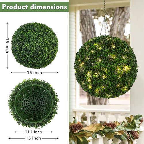 2 Pcs Lighted Topiary Ball Outdoor Pre-Lit Faux Boxwood Planter Filler Sphere, Artificial Topiary Ball， Decorative for Backyard, Balcony, Garden, Wedding Party, Home Office (15 * 15)
