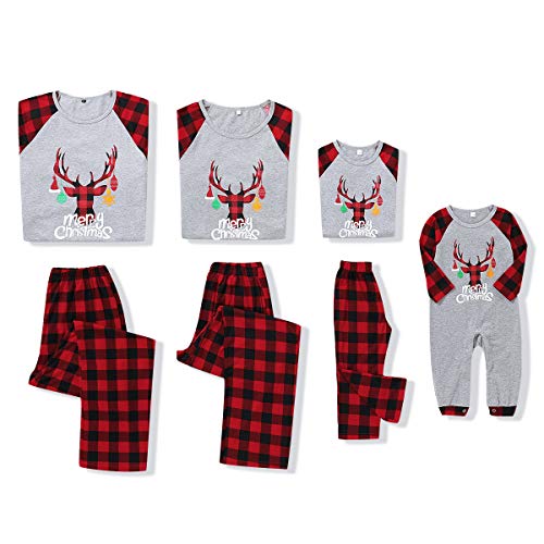 SANMIO Pijamas Familiares de Navidad, Algodón Top de Manga Larga + Raya Pantalones Pijama Dos Pieza Mujer Hombre Niños Niña Ropa de Dormir para Mameluco Navidad Gris Rojo Hombre XXL