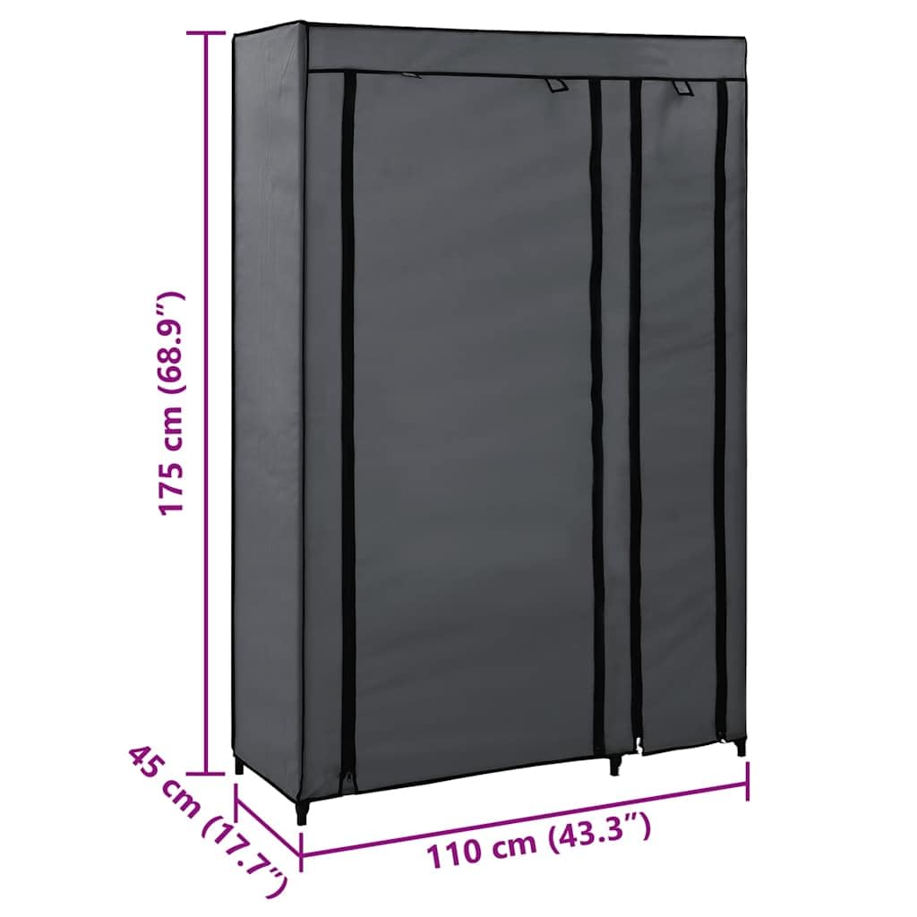 Faltschrank Grau 110x45x175 cm Vlies | Stahlrohrrahmen, Aufrolltür mit Klettverschluss, staubdicht, für Keller Schlafzimmer Camping