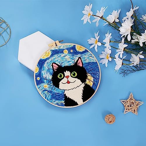 image for Louise Maelys Cat Starry Sky Embroidery Kits for Beginners with Floral