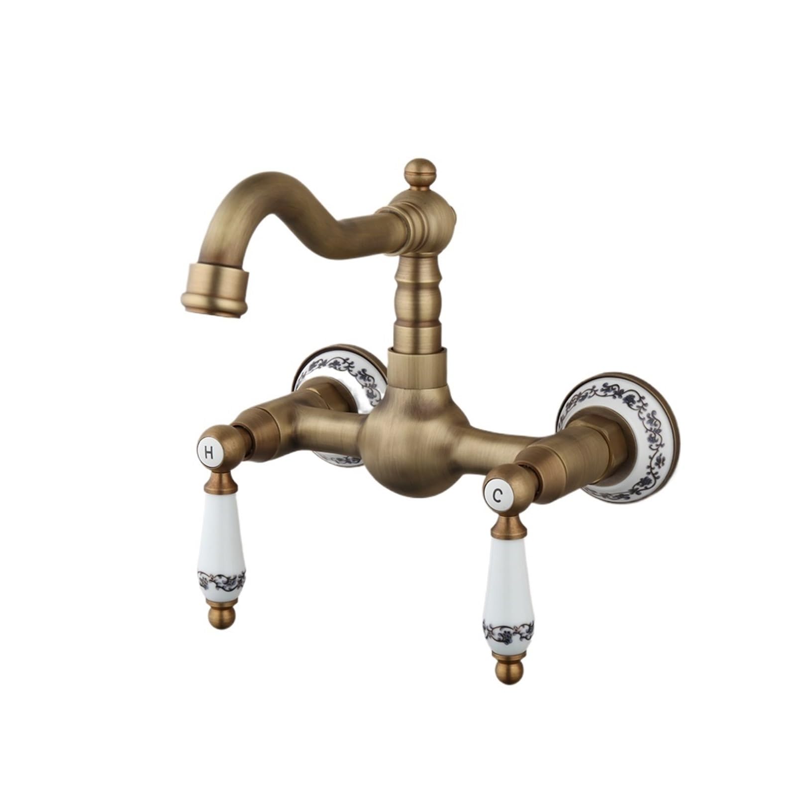 Grifo mezclador de latón antiguo para fregadero de baño de pared con doble manija retro