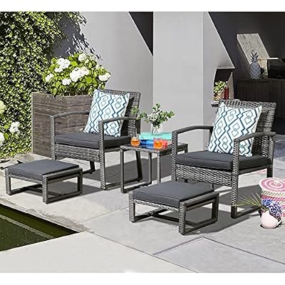 Patiorama 5 Piece Outdoor Patio Wicker Furniture Set, All Weather Grey PE Rattan Chair and Ottoman Footstool Set, W/Coffee Table, Cushions (Dark Grey) for Garden, Balcony, Porch, Space Saving Design