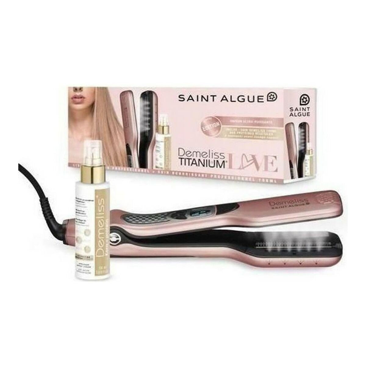 SAINT ALGUE Zestaw wygładzający do pary Demeliss TITANIUM Love Edition kolor różowy gold + pielęgnacja odżywcza 100ml Kera-PROTEIN