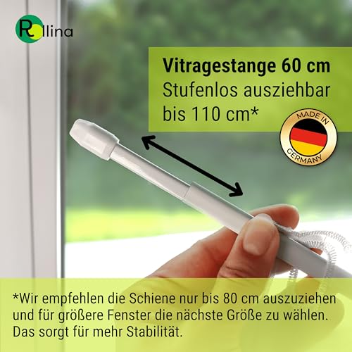 Rollina Gardinenstange ohne Bohren | 2x Vitragestange ausziehbar 60-80cm mit 4 Klebehaken für glatte Oberflächen | Scheibengardinenstange Küche Bad Fenster zum Kleben | Made in Germany