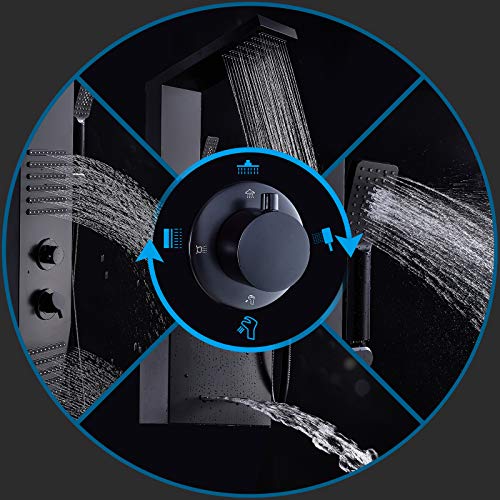 Image of ELLO&ALLO Stainless Steel Shower Panel Tower System, Rainfall Head Rain Massage System with LED Body Jets, Black