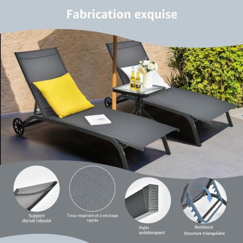 KOMFOTTEU Chaise Longue Mobile, Dossier réglable 6 Positions, Gris – vue 5
