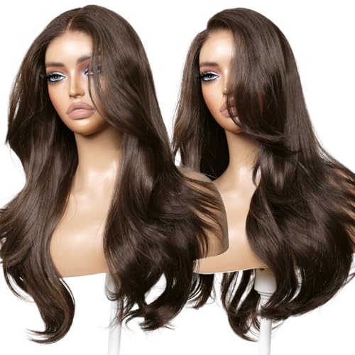 ENCOUNTERU Glueless Wig with Bangs Chocolate Brown Layered Body Wave