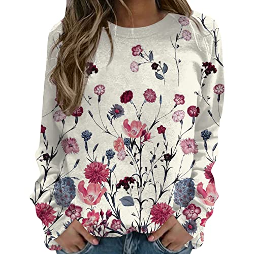 Femme Sweatshirts Mode Fleurie Col Rond Hoodies Chic Manches Longues Manteaux Casual Sport Adulte Automne Pas Cher Sweat Hiver Chaud Noel Vetement Femme Christmas Cadeau Noel Rose XL