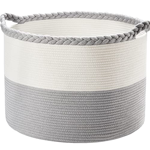 Image of Turnextte XXXXLarge Cotton Rope Basket, 22''X16'' Super Large Blanket Storage Basket, Large Woven Laundry Basket with Reinforced Handles, Cotton Rope Basket for Storage, for Toys, Pillows, Grey