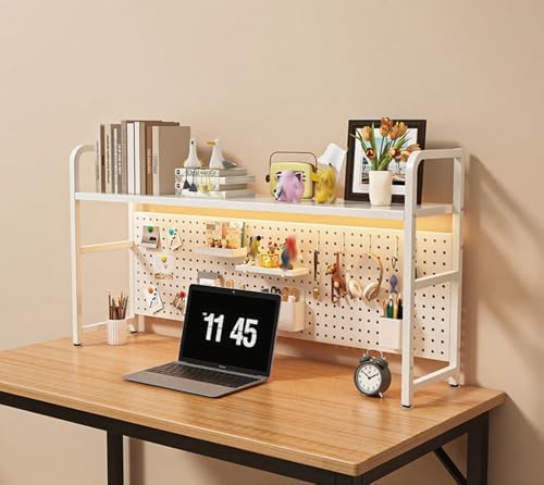 Heavy Duty Metal Desk Hutch Shelf with Wrought Iron Divider - Desktop Bookshelf & Countertop Storage Rack for Dorm, Office, Home - Anti-Slip Feet & Back Pegboard, Black, 7.9x29.5x26.8in