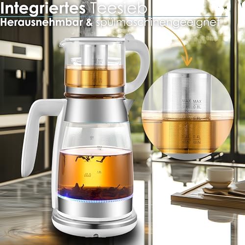Bild 3 - Teekocher elektrisch mit Temperatureinstellung Glas Wasserkocher Teemaschine Warmhaltefunktion mit Temperaturwahl BPA Frei LED Beleuchtung 360° Basis 1,8 Liter + 0,8l Fassungsvermögen