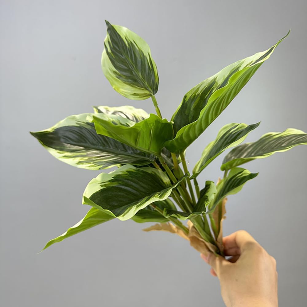 4Packs Variegated Hosta Artificial Plant 17.7" Faux Green Dieffenbachia Plant Greenery Aesthetic House Plants Outdoor Shrubs Indoor Office Yard UV Resistant Planter Filler (4)