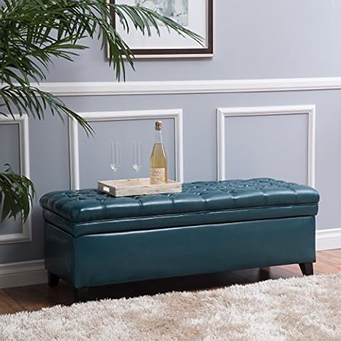 AOPNOMU 50 Inch PU Upholstered Storage Bench Button Tufted Storage Ottoman Bench Foot Rest with Solid Wood Legs and Safety Hinge Entryway Window Bedroom Bench End of Bed Bench Storage Chest, Teal Cover