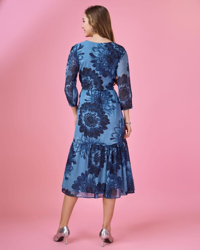 Image of MOJILAA Women's Georgette Floral Printed Gathered Dress