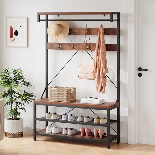 IDEALHOUSE Coat Rack Shoe Bench Industrial Hall Tree Storage Bench for Entryway, Wood Look Accent Large Shoe Rack with Storage Shelf Hanging Bar,8 Hooks Rustic Brown 39.9"x15.7"x72"