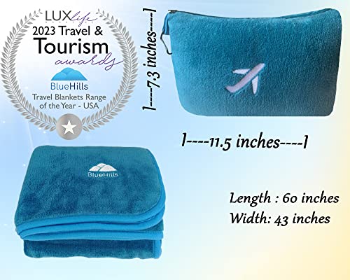Bluehills Travel Blanket Pillow In Mini Soft Case Premium Plush Airplane Blanket In Soft Bag Compact Pack With Luggage Belt And Backpack Clip - Teal Blue M03 #TOP4