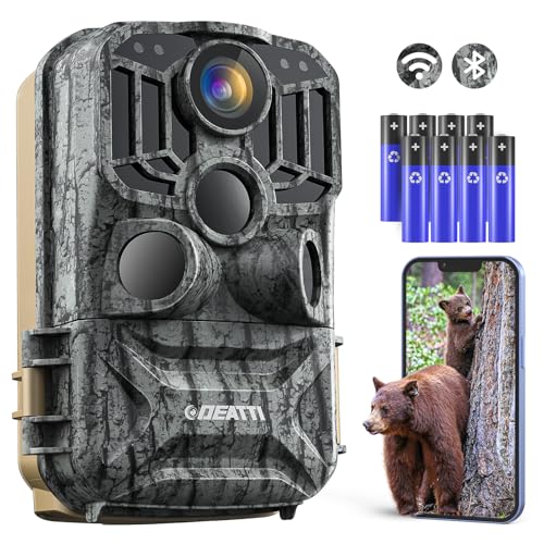 DEATTI Caméra de Chasse Connectée Téléphone, 4K 48MP HD Caméra Chasse, WiFi Caméra Infrarouge Vision Nocturne Animaux Piège Photographique, 120°/IP66, 8 Piles Incluses (Carte SD Non Incluse)
