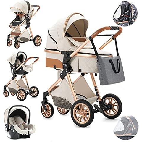 OneMoreBuck® 3 in 1 Kinderwagen Komplettset, Kombikinderwagen Set incl. Babywanne Buggy Babyschale, mit Fußsack Alu-Rahmen Voll-Gummireifen Wickeltasche Moskitonetz Sommermatte Regenschutz Cover