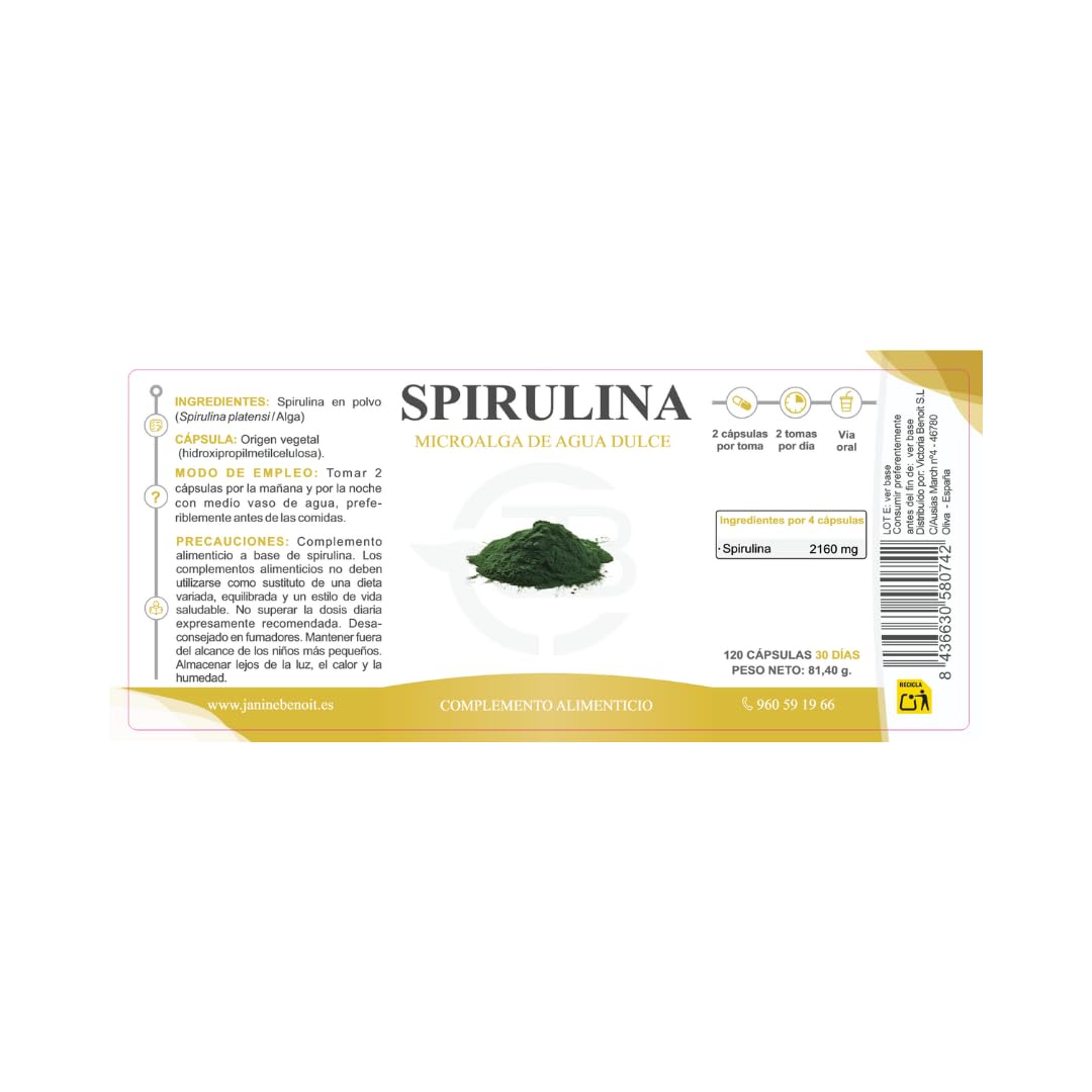 Espirulina - Spirulina Platensis - Microalga de Agua Dulce - 2160 mg por Dosis Diaria - Fuente de Nutrientes - Energía Natural - 120 Cápsulas Vegetales