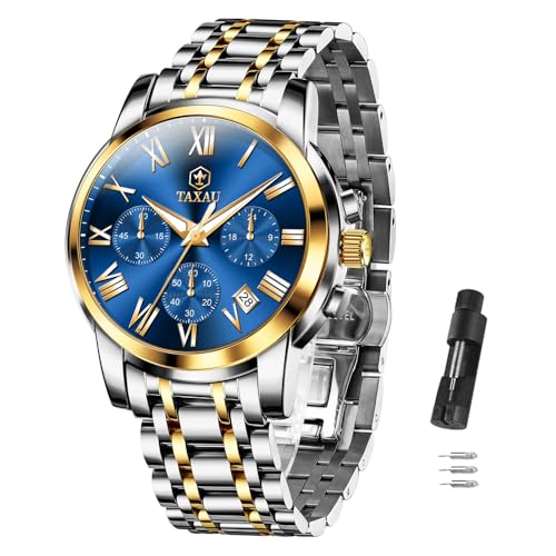 Taxau Uhren Herren Chronograph Analogue Quartz Uhr Armbanduhr Herren Edelstahl mit Datum Wasserdicht Leuchtende Klassische Luxus Business Herrenuhren Geschenke für Männer