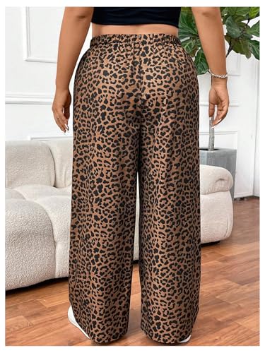 OYOANGLE Women's Plus Size Leopard Print Wide Leg Pants Elastic High Waisted Casual Trousers with Pockets2