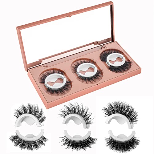 Reusable Self Adhesive Eyelashes, 16MM-20MM Russian Strip Mink Lashes Natural Look No Glue, Cat Eyes Fluffy Wispy False Lashes Pack, Dramatic Full Thick Waterproof Fake Eyelashes