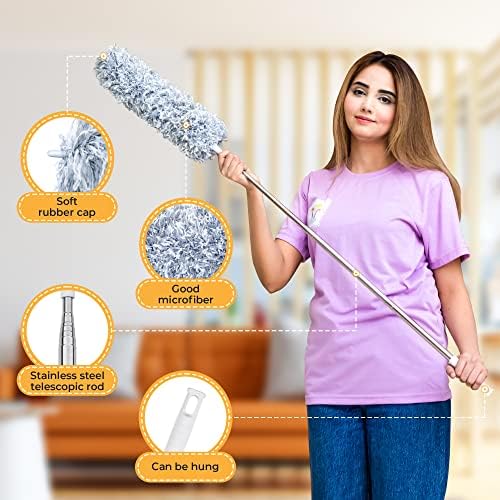 SURKHROO Feather Duster - 100 Inches Extendable Feather Duster with Telescopic Pole - Bendable, Scratch Resistant, Washable Dusters, Clean High Ceiling Fans, Cobwebs, Windows - Grey