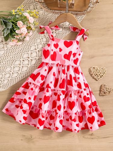 WDIRARA Toddler Girl's Heart Print Tie Shoulder Tiered Ruffle Sleeveless Swing A Line Dresses2