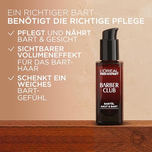 Foto von L'Oréal Men Expert Bartöl für Männer, Unterstützung beim gesunden Bartwachstum, Beruhigende Bartpflege für Herren mit holzigem Duft und ätherischem Zedernholzöl, Barber Club, 1 x 30 ml