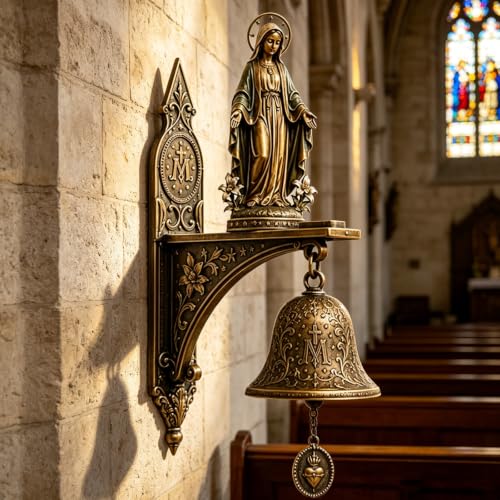 Our Lady of Grace Bronze Medal Wall Bell - Catholic Religious Wall Decor for Home Altar, Catholic Religious Ornament for Garden, Sacred Christian Gift for Confirmation (1Pcs)