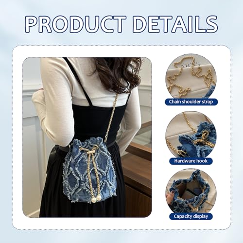 Image of Denim Bucket Bag, Denim Purses for Women, Drawstring Jean Crossbody Shoulder Purse Hobo Bag, for Commuting, Shopping, Dating