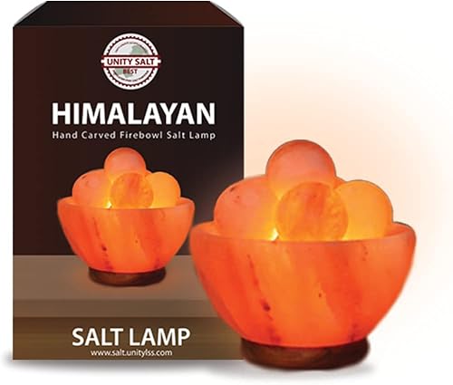 Unity Salt - Lámpara de sal del Himalaya con base de madera de acacia marrón, 5 bolas de sal rosa del Himalaya de masaje de calidad premium, incluye