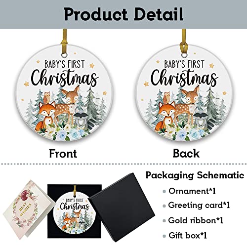 Rewidparty Baby First Christmas Hanging Ornament Woodland Animal For Family Friend Christmas Home Office Tree Decorations 3" Circle Ceramic Ornament With Gold Ribbon & Gift Box #TOP1