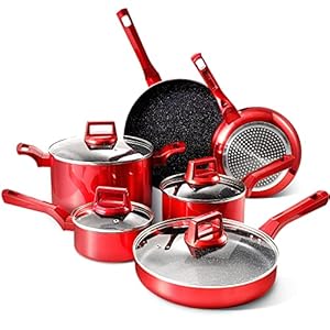 10 Pcs Pots and Pans Sets, Nonstick Cookware Set, Induction Pan Set, Chemical-Free Kitchen Sets, Stone-Derived Coating, Saucepan, Saute Pan with Lid, Frying Pan, Red