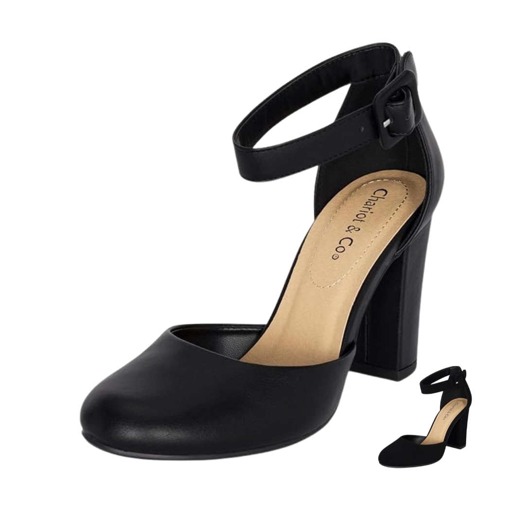 Chariot & Co Posh Women's Ankle Strap Block Heel Dress Shoes – Closed Toe Vegan Leather in Black PU and NBPU