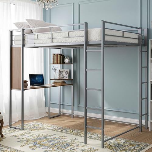 Merax Metal Full Loft Bed with 2 Shelves and one